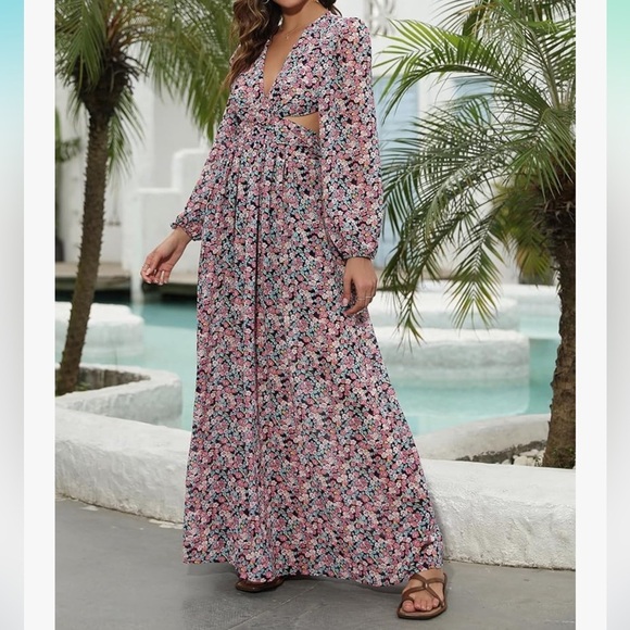 Romantic Floral Waist Cut Out Long Sleeve Flowy Long Maxi Beach Dress Sz10 NWT - Picture 2 of 7